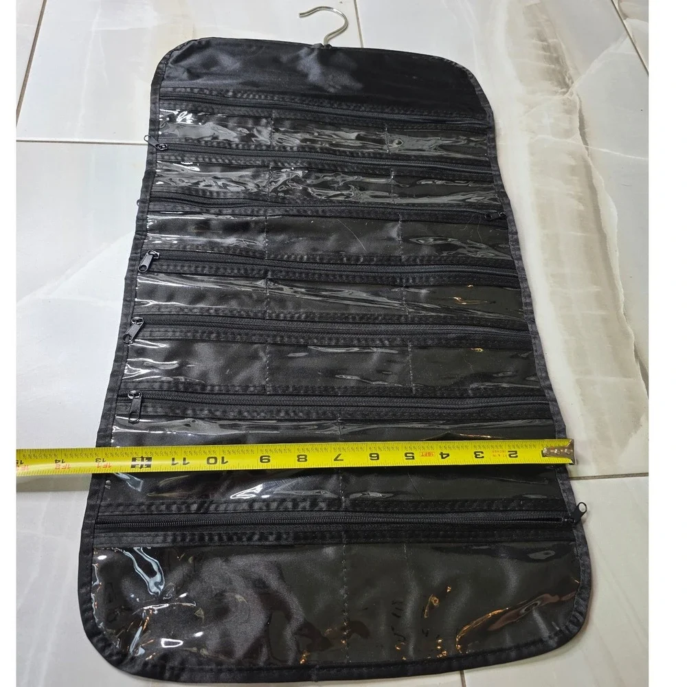 Black Hanging Jewelry Organizer Zippered Clear Pockets‎ Travel Storage 23x13 S3